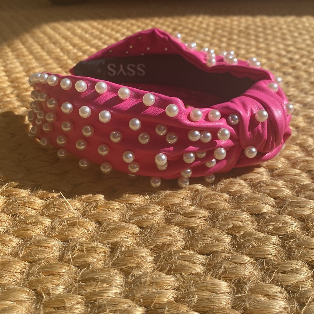 NWT SSYS Pink Faux Leather with White Pearls Knotted Headband - Picture 3 of 7